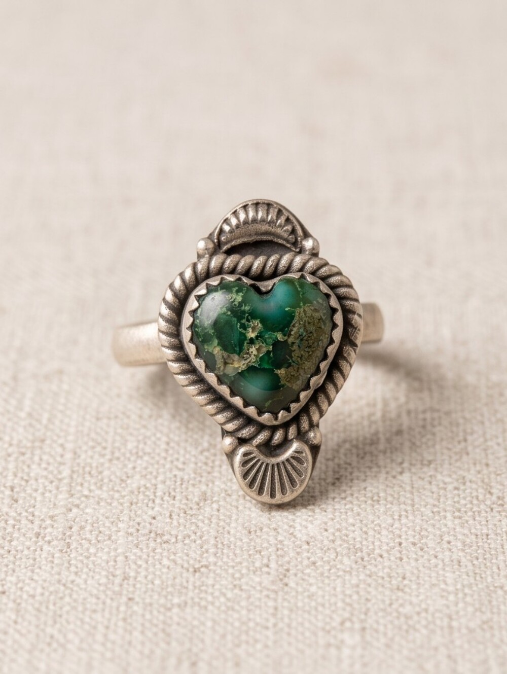 Sterling Silver Green Sanoran Gold Turquoise Adjustable Heart Ring